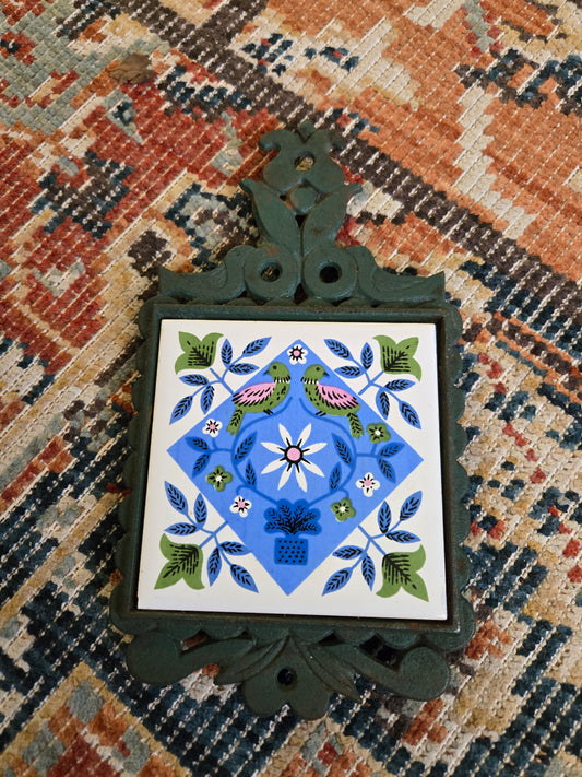 Vintage Green Cast Iron Tile Trivet Wall Hanging Birds Floral Japanese