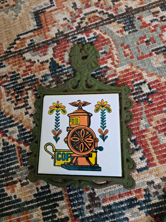 Vintage Green Cast Iron Trivet Tile Coffee Japanese