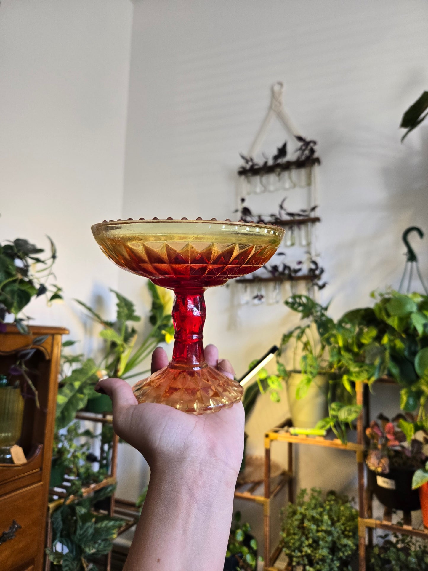 Vintage Amberina Glass Pedestal Footed Compote Candy Dish Orange Red