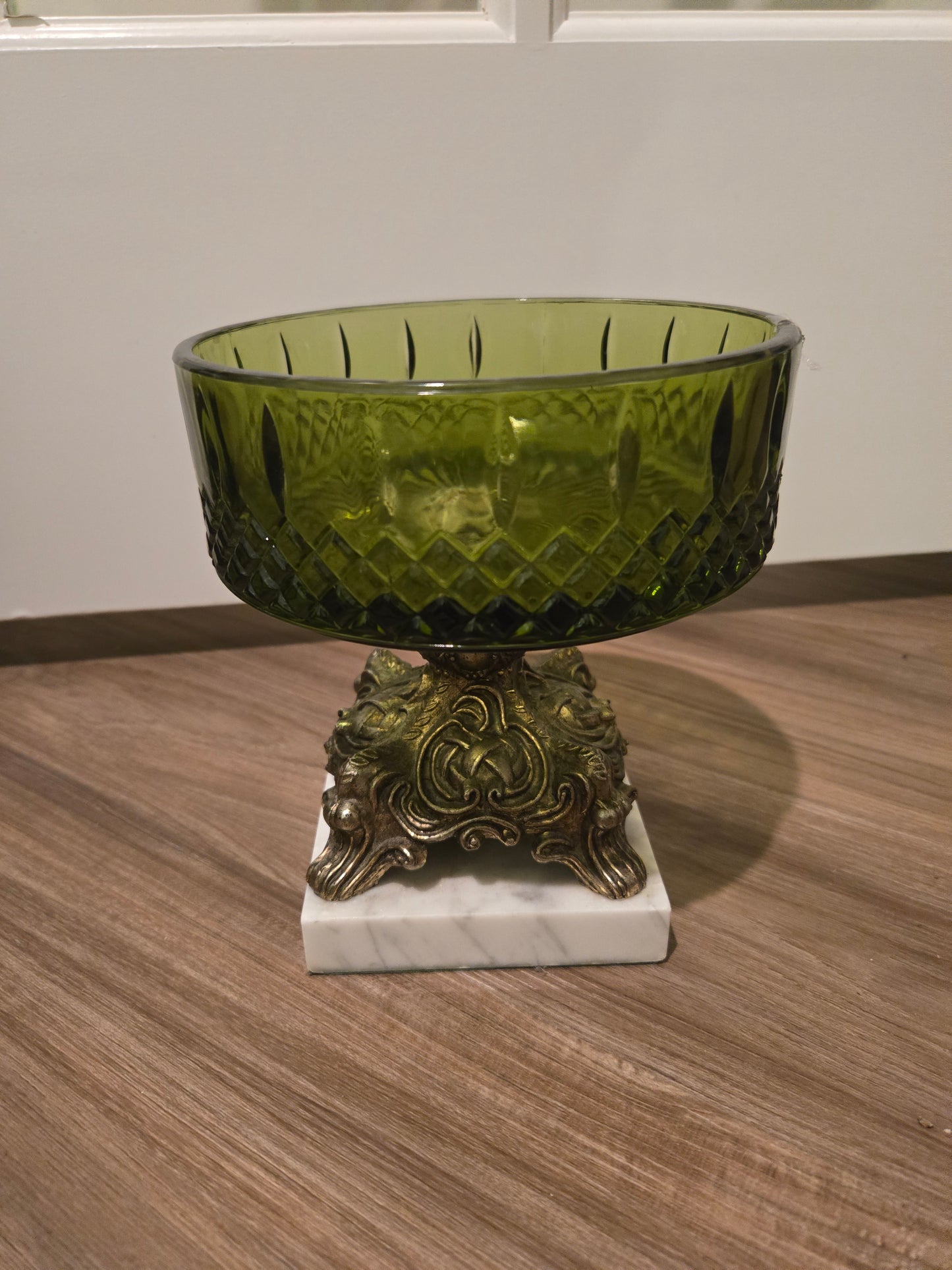 Green Indiana Glass Candy Dish w/ Heavy Metal Feet and Marble Base