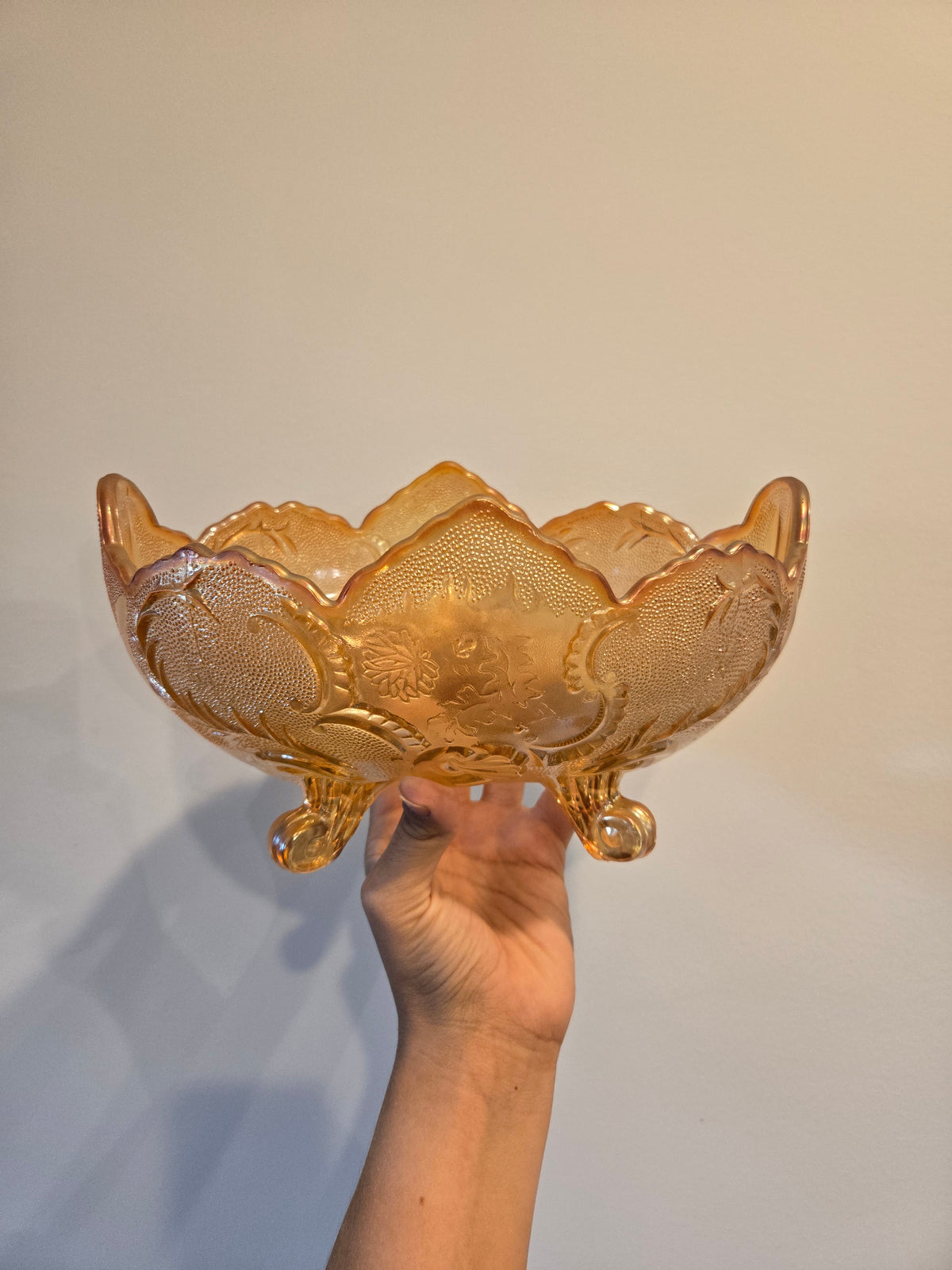 Vintage Jeanette Carnival Glass 4 Footed Bowl Orange Oval Fruit Bowl