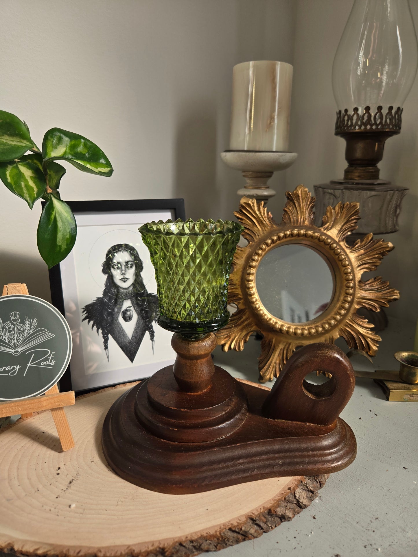 Vintage 1900s Wood Chamberstick/Finger Loop Candlestick Holder with Green HomeCo Candle Votive