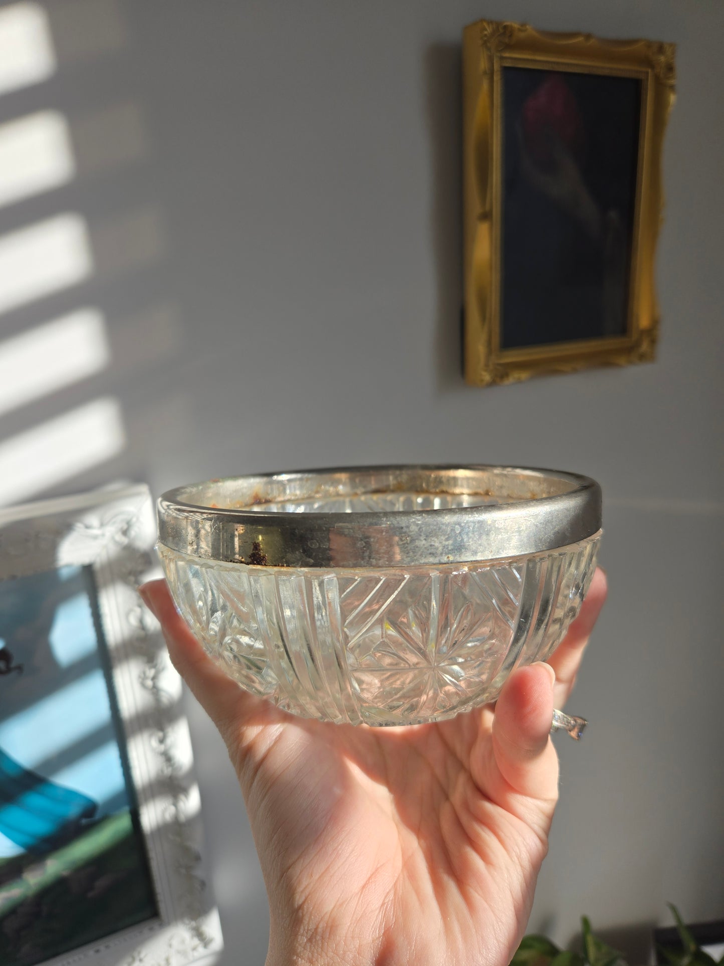 Vintage Raimond Clear Cut Glass Bowl w/ Silver Plated Rim Made in England 8"