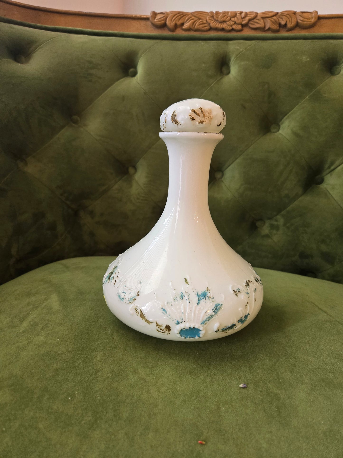 Antique Hand Painted Milk Glass Victorian Era Decanter