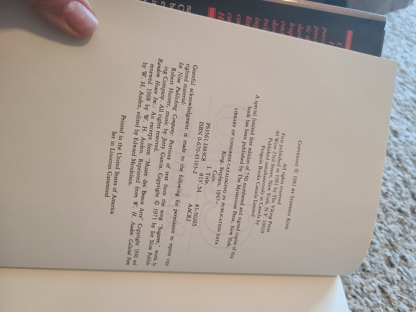 1st Bookclub Edition Cujo by Stephen King