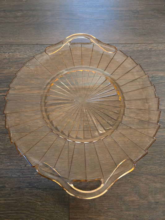 JEANNETTE "SIERRA" PINWHEEL PINK DEPRESSION GLASS 10¼" ROUND HANDLED TRAY