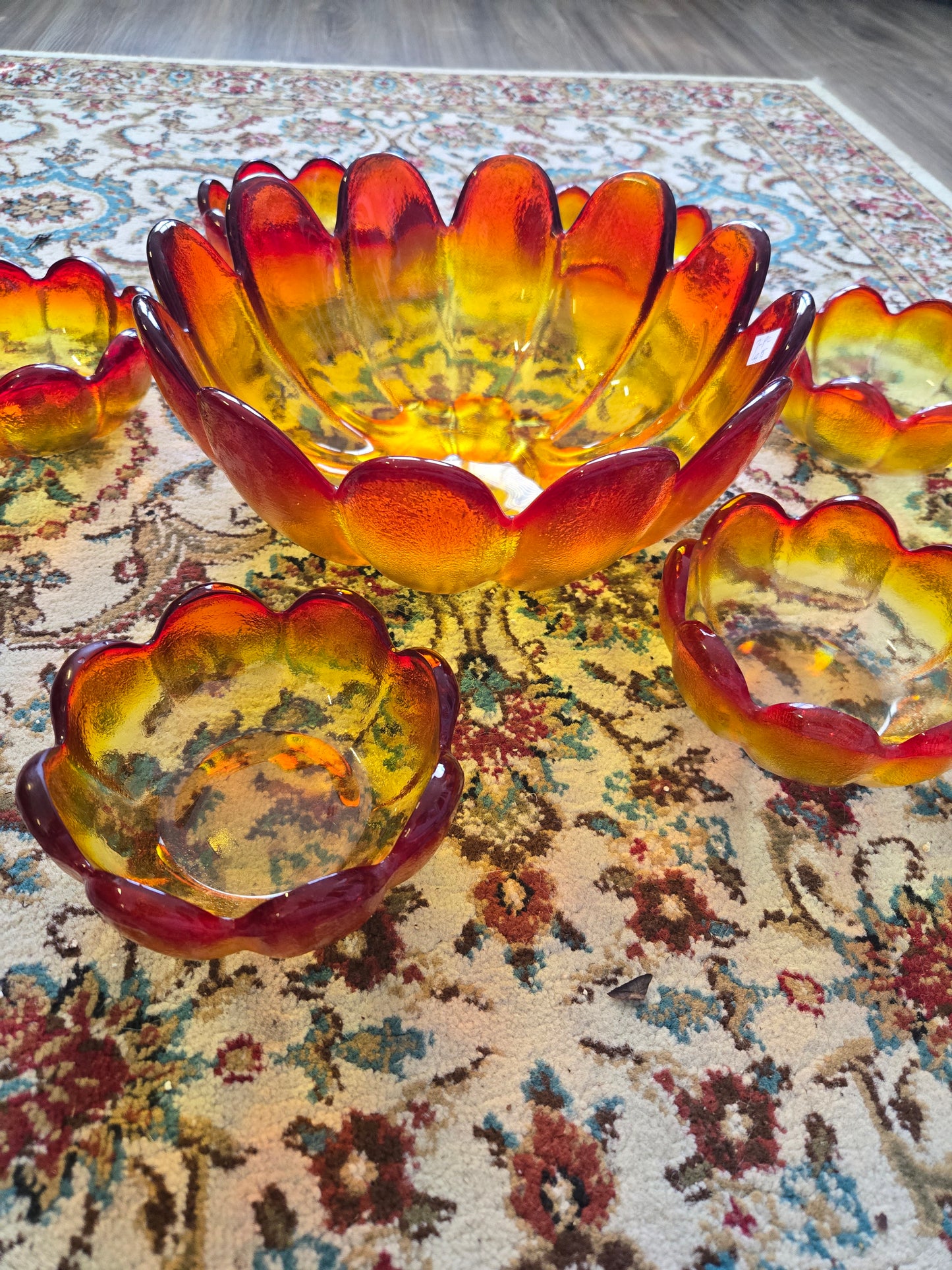 1970s Indiana Glass Luau Amberina Red Yellow Lotus Flower with 6 bowls