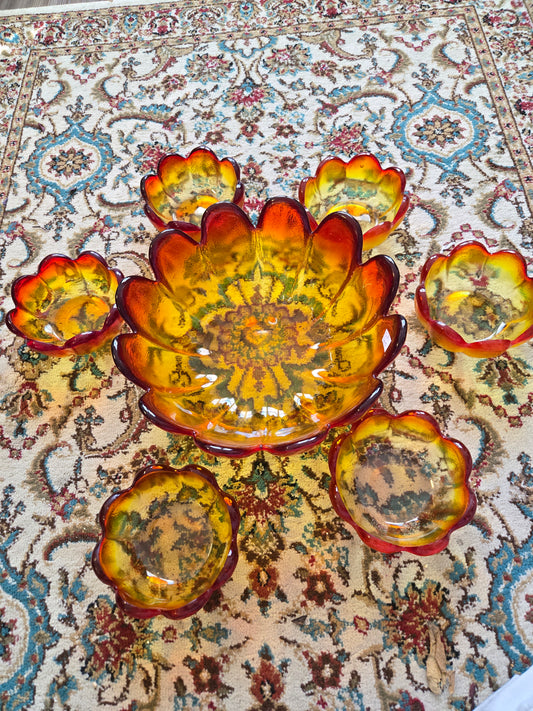 1970s Indiana Glass Luau Amberina Red Yellow Lotus Flower with 6 bowls