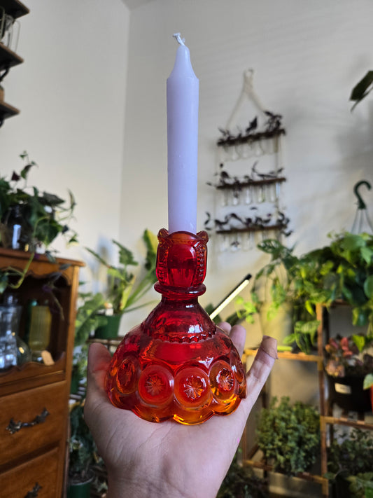 L.E. Smith Moon and Stars Amberina glass taper candle holder from the 1960s
