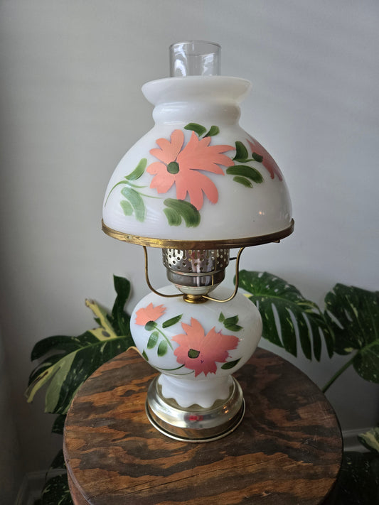 Working Milk Glass Hurricane Desk Lamp with Hand Painted Florals
