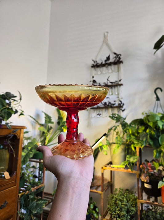 Vintage Amberina Glass Pedestal Footed Compote Candy Dish Orange Red