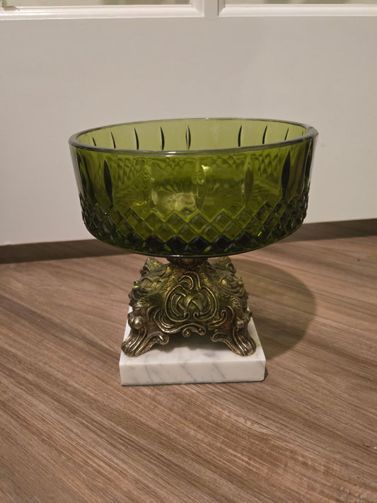Green Indiana Glass Candy Dish w/ Heavy Metal Feet and Marble Base