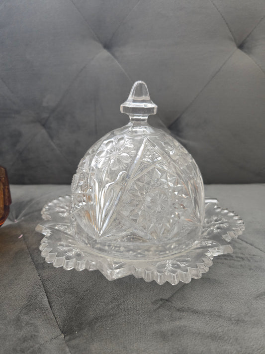 RARE Vintage Imperial Glass Hobstar Covered Butter Dish Cheese Dome Dish